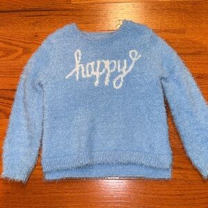 Design History Rashida Blue Fuzzy Sweater with 'Happy' Script Size 5